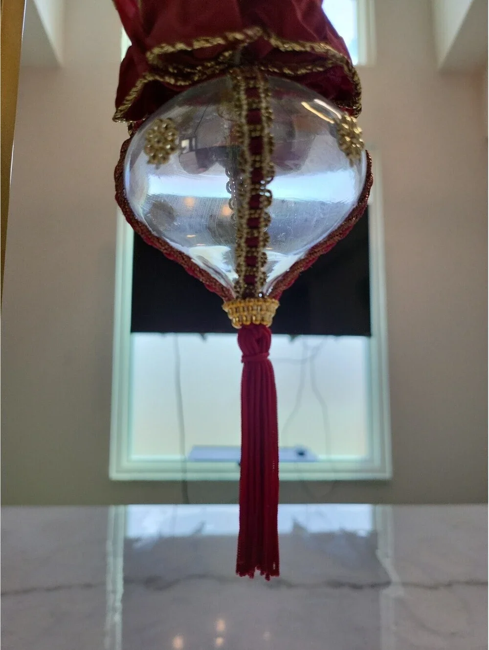 Vtg Glass Handmade Finial Christmas Ornament Glass 6” OOAK Burgundy & Gold